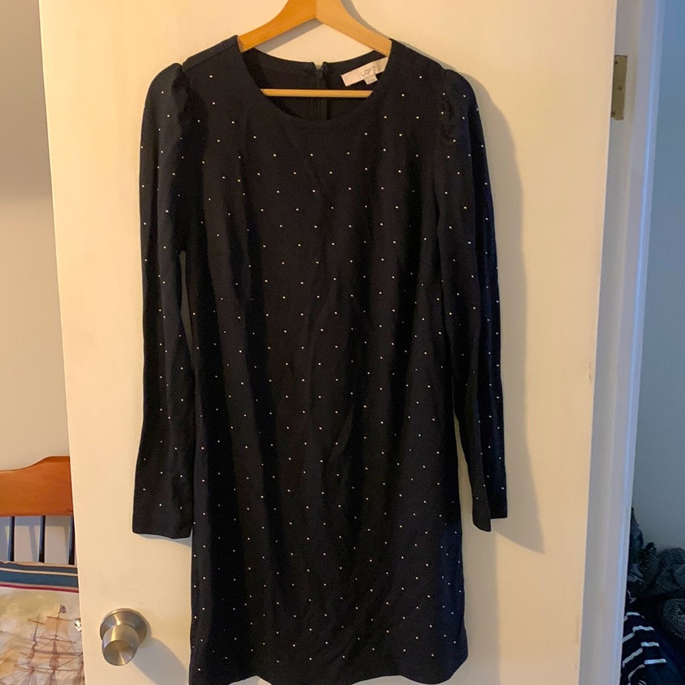 LOFT black shift dress with silver dots EUC